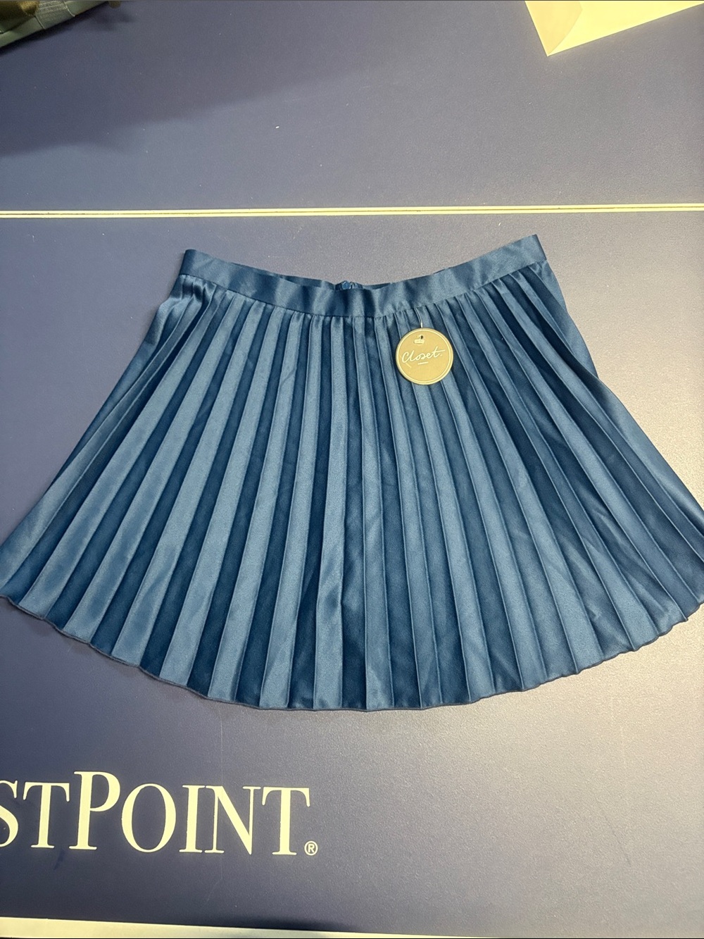 Closet Navy Satin Pleated Skater Skirt